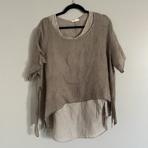 Scandal Italy Linen Layered Top Striped‎ Cotton Asymmetric Oversized Lagenlook S